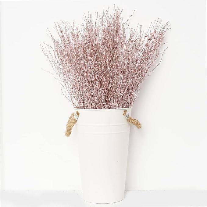 SLK 16-Pack Artificial Glitter Berry Stem Ornaments, Christmas Decorative Glittery Twigs, Picks, Branches for Tree, Wreath, Small Vase, Halloween Party (Rose Gold)