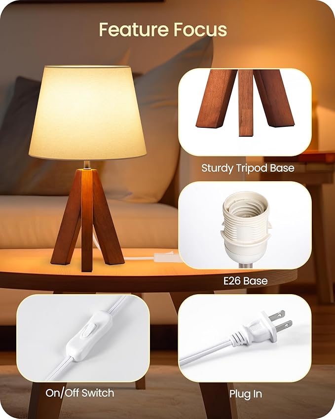 Small Tripod Table Lamps Set of 2, Modern Nightstand Lamp with Fabric Shade, Boho Bedside Wood Desk Light for Bedroom, Kids Room, Living Room, Office, Study, Dark Wood and White, LW51TLP205