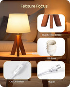 Small Tripod Table Lamps Set of 2, Modern Nightstand Lamp with Fabric Shade, Boho Bedside Wood Desk Light for Bedroom, Kids Room, Living Room, Office, Study, Dark Wood and White, LW51TLP205