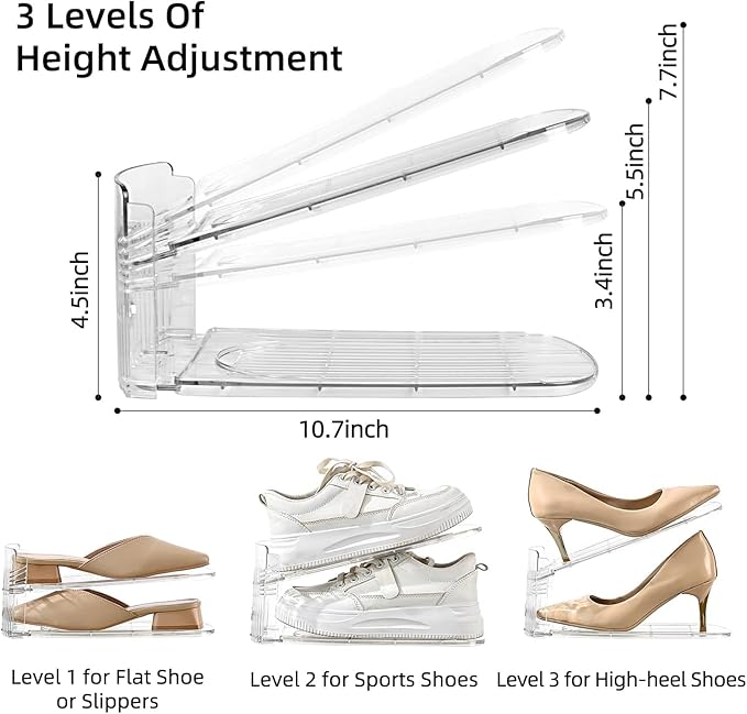shoe slots organizer, Clear Shoe Stacker, Adjustable Level Shoe Rack,Storage Space Saver for Sneakers Display (Transparent, 16Pack)