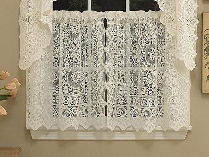 Sweet Home Collection Old World Style Floral Heavy Lace Kitchen Curtain, 24" Tier, Hopewell Cream