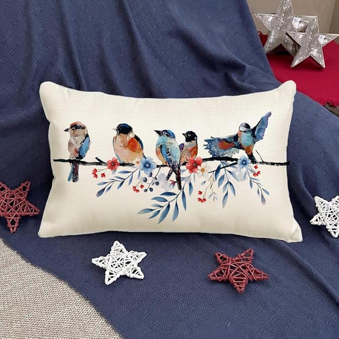 RABUSOFA 4th of July Memorial Day Patriotic Lumbar Throw Pillow Cover,12x20 Inch Red White and Blue Birds Flowers Independence Day American Fourth of July Decoration for Sofa Couch
