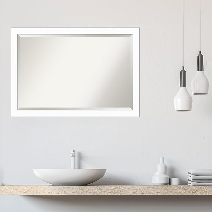 Amanti Art White Wall Mirror 27x39 Basic White Narrow Rectangle Bathroom Mirror for Wall Decor Living Room, Large Casual Wood Frame, Hangs Horizonally and Vertically, Bathroom Decor, Beveled Edge