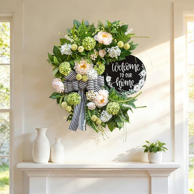 Spring Summer Wreaths for Front Door, Half Circle Summer Wreath with Hydrangea & Peony, Striped Bow & Welcome Sign – 24 Inch Indoor/Outdoor Seasonal, Housewarming & Festive Spring Door Wreath Decor