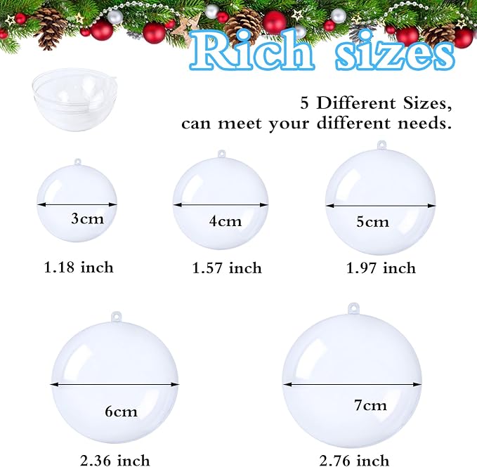 50 Set 100PCS Clear Plastic Fillable Ornaments,Transparent DIY Christmas Fillable Ball,Plastic DIY Fillable Decoration Balls 5 Different Sizes for Christmas Tree,Wedding,Party,Home Decor