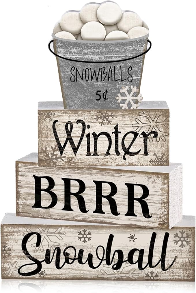 Moucuny 4 Pcs Winter Table Decorations Winter Tiered Tray Decor Christmas Table Centerpiece Rustic Decorative Snowball Snow Bucket Block Sign Farmhouse Christmas Decorations for Home Kitchen Shelf