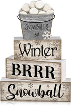 Moucuny 4 Pcs Winter Table Decorations Winter Tiered Tray Decor Christmas Table Centerpiece Rustic Decorative Snowball Snow Bucket Block Sign Farmhouse Christmas Decorations for Home Kitchen Shelf
