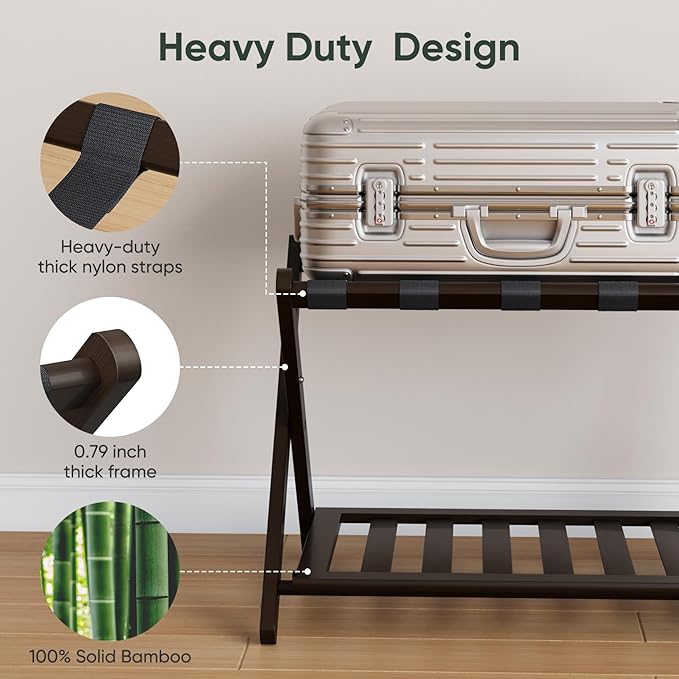 Fully Assembled Bamboo Luggage Rack, Folding Suitcase Stand with 5 Nylon Straps, Luggage Holders with Shelf, Ideal for Guest Room, Bedroom, Hotel, Espresso