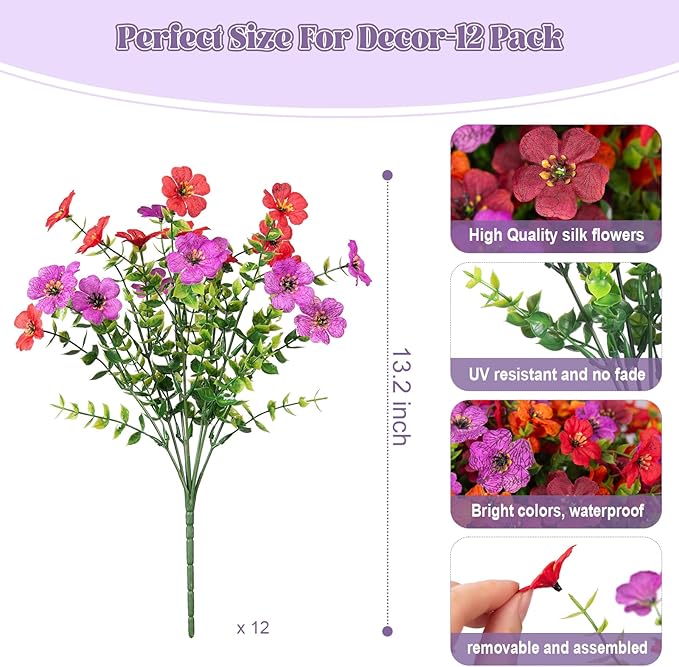Artificial Fake Flowers Plants for Outdoor Spring Summer Decor, 12 Bundles Faux Silk Flowers for Outdoor Outside Planter Colorful Daisy UV Resistant Look Real for Front Door Porch Patio Yard