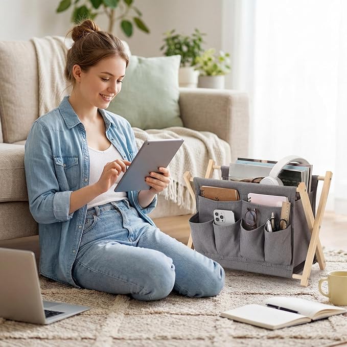 Sliner 2 Pack Foldable Magazine Rack with 6 Pockets 14x10.4 Inch Book Basket Storage Holder for Books, Newspapers, Home Couch Tablet Magazine Holder for TV Remote Control Living Room