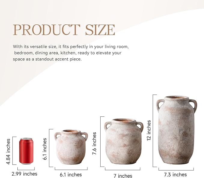 Ceramic Flower Vase Home Decor - 6 Inch Farmhouse Rustic Table Vases with Handle Living Room Decoration Decorative Vintage Pottery for Kitchen Shelf Coffee Dining Bookshelf Fireplace Centerpiece