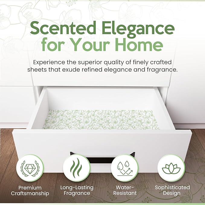 Jasmine Scented Drawer Liners for Dresser Drawers (10 Large Sheets, 19.7" x 14.4") - Non Adhesive Drawer Paper Liner for Bedroom Dresser & Closet Shelves by Linda’s Essentials
