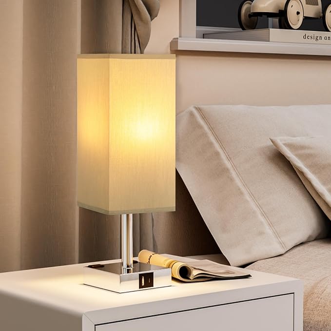 aooshine Touch Bedside Table Lamp Set of 2-3-Way Dimmable Night Lamp with USB A + Type C Charging Ports and Two AC Outlets, Small Desk Light with E26 LED Bulb for Bedroom Living Room Dorm Office