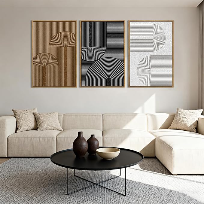 BINCUE Abstract Neutral Canvas Paintings Framed Modern Wall Art Neutral Geometric Wall Decor Modern Abstract Artwork Black and White Wall Painting Brown Pictures for Bedroom Living Room Office 16x24 Inch Set of 3