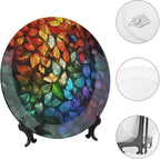 Stained Glass Theme Decorative Ceramic Plate Round Porcelain Plate,7 inch,Leaves Pattern,for Decorative Ornaments Giving Plates, 1 Plate with 1 Display Stand,Multicolor