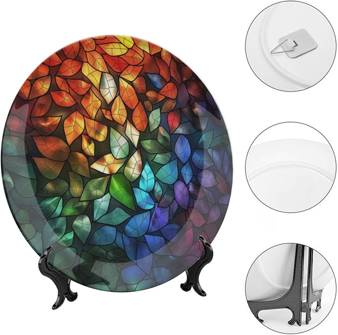 Stained Glass Theme Decorative Ceramic Plate Round Porcelain Plate,8 inch,Leaves Pattern,for Decorative Ornaments Giving Plates, 1 Plate with 1 Display Stand,Multicolor