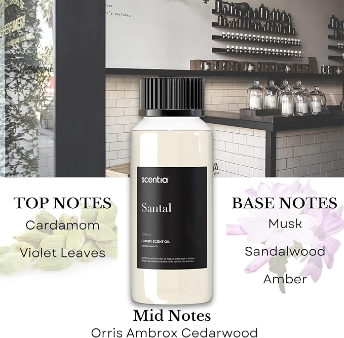 Scentia Santal Diffuser Oil 120 ml – Luxury Santal-Inspired Oil – Cedarwood, Amber, Musk, Vanilla – Essential Oil Blend for Large Rooms, Cold-Air Diffusers, HVAC & Ultrasonic Use