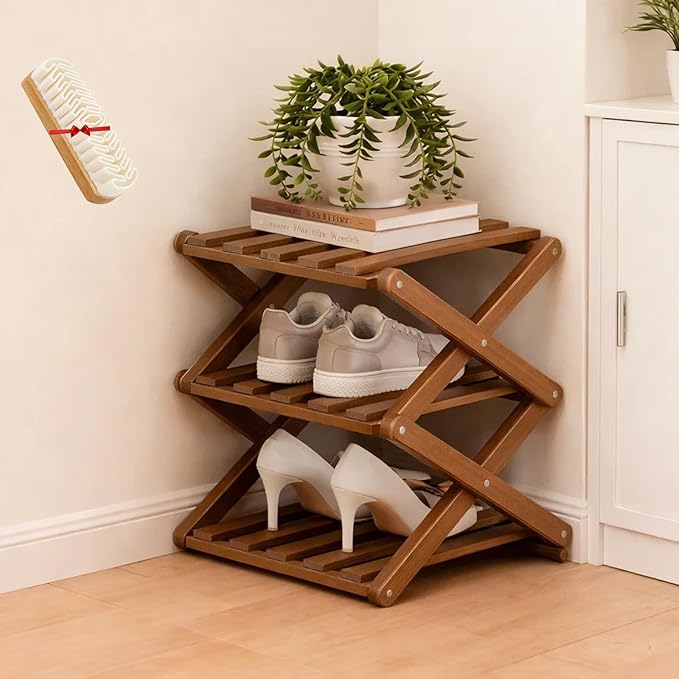 The 9-Tier No-Assembly Bamboo Rack, Folding Bamboo Shoe Rack Organizer with Collapsible Vertical Design, Space-Saving & No-Tool Assembly, for Entryways,Corners,Bedrooms,Balconies (Brown,3)