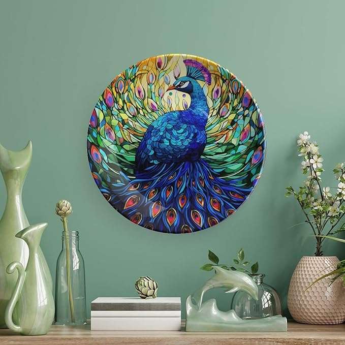 Decorative Plates, Colorful Peacock Stained Glass Design Ceramic Dinner Plate Home Wobble-Plate with Display Stand, Wall Hanging Decor for Kitchen Household 6 Inch, Gifts for Peacocks Lover