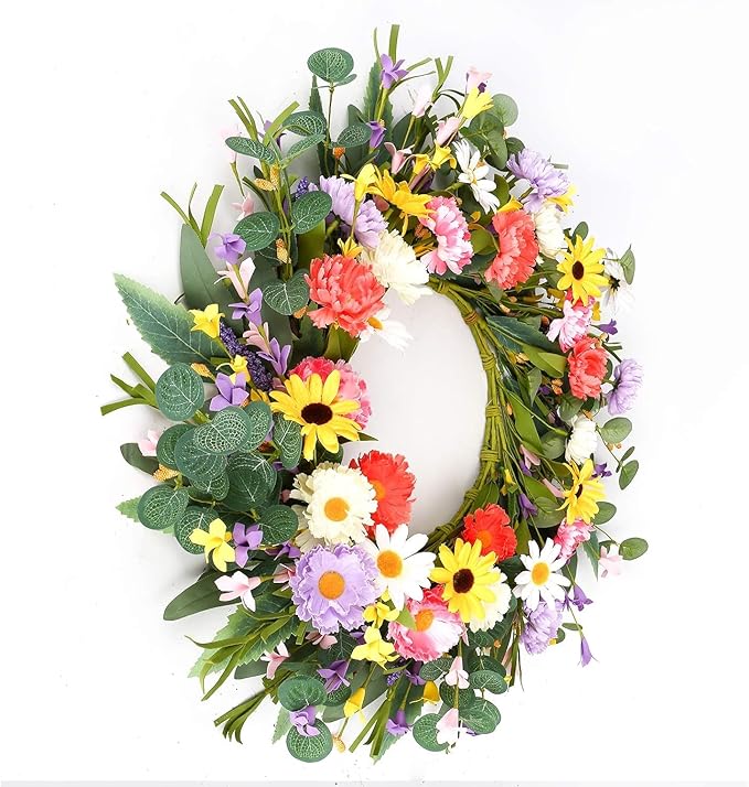 VioletEverGarden Artificial Spring Wreath 20” Purple Yellow White and Pink Flower Wreaths Summer Door Wreath for Home Party Festival Wedding Decor