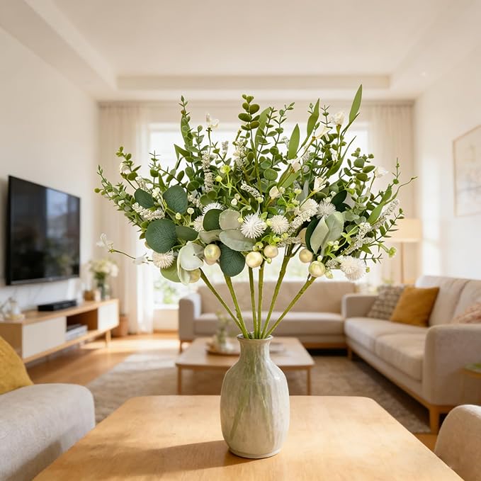 vivimemo 6 Pcs Summer Green Stems, 18 inch Artificial Eucalyptus Stem with White Florals for Home, Party & Wedding Decor Green Picks for Table Fireplace Vase DIY Wreath Decor