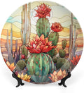 Decorative Plates for Wall Hanging, Cactus & Colorful Sky Stained Glass Design Ceramic Plate w/ Display Stand, Home Decor for Kitchen Cabinets, Farmhouse Round Tray 8 Inch, Gift for Cactus Lover