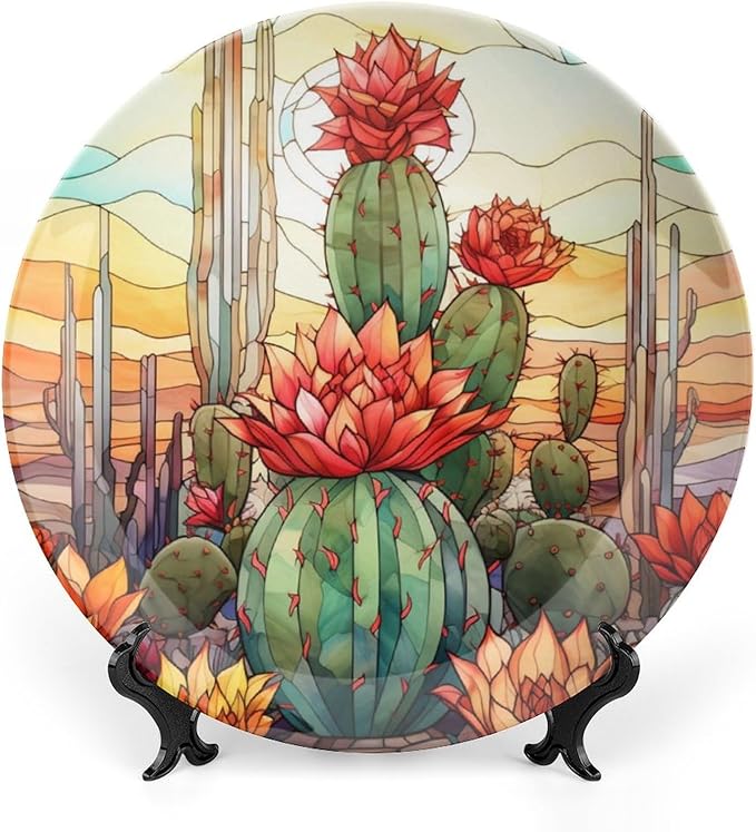Decorative Plates for Home Decor, Cactus & Colorful Sky Stained Glass Design Decor Tray for Table Display, Ceramic Dinner Plate W/ Stand, Living Dining Room Decor, Gifts for Cactus Lover, 10 Inch