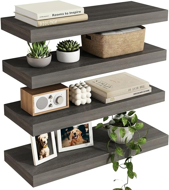 Fixwal 15.7in Floating Shelves, Rustic Wood Finish Wall Shelves Set of 4, Shelves for Wall Decor, with Invisible Brackets for Bathroom, Living Room,Bedroom and Kitchen(Gray)
