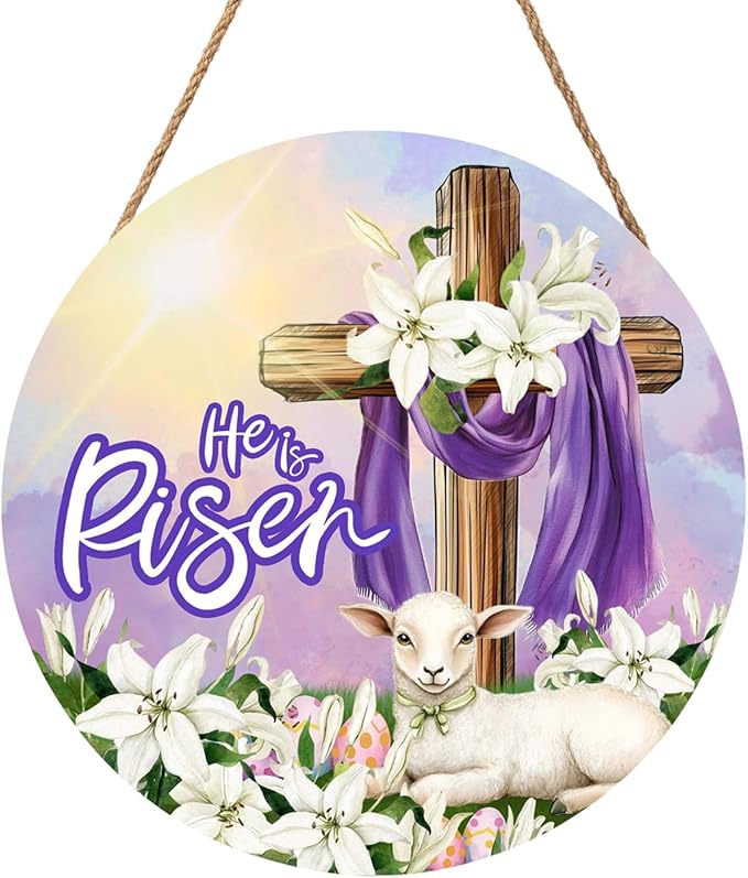He is Risen Easter Religious Cross Sign for Front Door 12"x12" Spring Sunrise Lamb Door Hanger for Outdoor Outside Porch Christian Lily Flowers Wooden Wreath Easter Wall Hanging Decoration for House