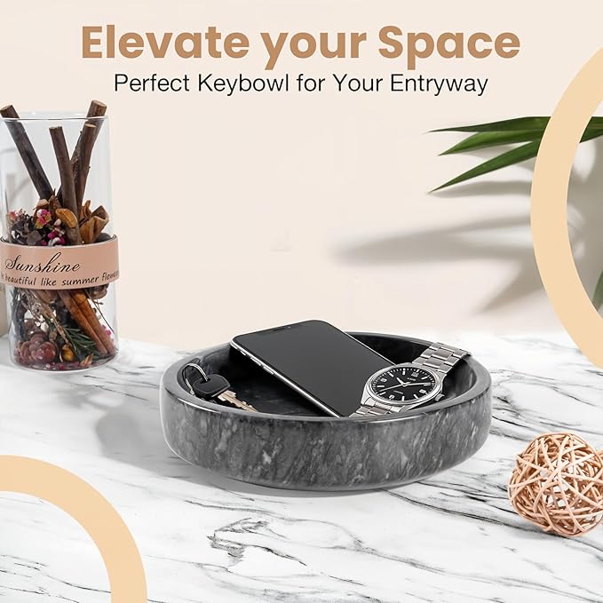FNTSTICGOODS Marble Decorative Bowl - 7.5" Natural Black Solid Marble Centerpiece - Handmade Stone Fruit Bowl - Catch-All or Key Bowl for Kitchen - Modern Minimalist Decor