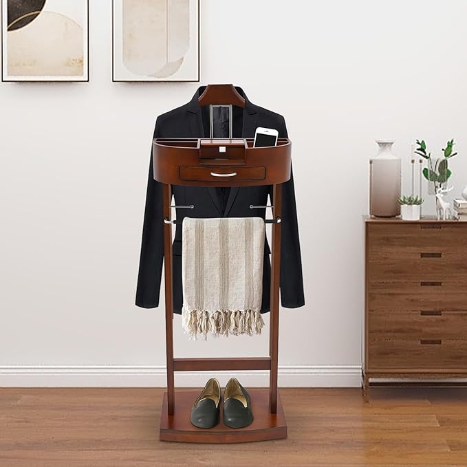 Wood Suit Rack, 22.05 Lbs Wooden Clothes Valet Stand, Freestanding Clothing Valet Stand Suit with Multi-compartment Tray & Drawer for Bedrooms Living Rooms Hallways (Brown)