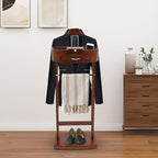 Wood Suit Rack, 22.05 Lbs Wooden Clothes Valet Stand, Freestanding Clothing Valet Stand Suit with Multi-compartment Tray & Drawer for Bedrooms Living Rooms Hallways (Brown)