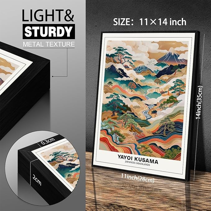 Vintage Yayoi Kusama Grasslands Posters Japanese Wall Art Yayoi Kusama Abstract Landscape Canvas Print for Stylish Room Bedroom Living Room Gallery Decor 11x14in Black Framed