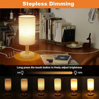 Small Touch Table Lamp with Stepless Dimming&USB Plug,Natural Round Wood Base&Linen Fabric Shade |Soft Ambient Warm Night Light|Minimalist Boho Bedside Lamp for Bedroom,Nightstand,Nursery,Kitchen,Dorm