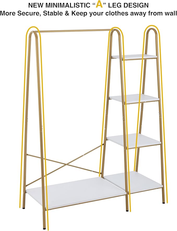 Finnhomy Clothes Rack, Clothing Rack for Hanging Clothes Heavy Duty Garment Rack with 5 Wood Shelves Freestanding Portable Closet Organizer for Bedroom/Entryway/Boutiques，Gold