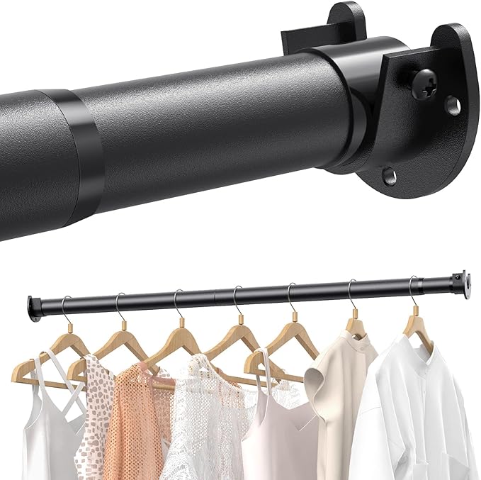 Closet Rods for Hanging Clothes, 17 to 28 Inches Stepless Adjustable Metal Closet Rod, 1.3 Inches Heavy Duty Clothes Hanging Rod for Closet Wardrobes Laundry RV, Black