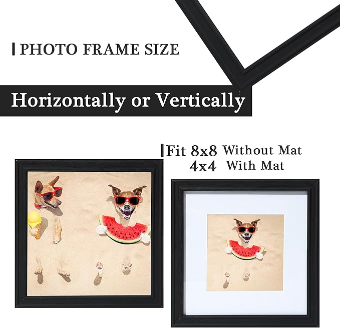 8x8 Picture Frame Black Woodgrain,8x8 Wooden Frames Mat to 4x4 in Photo,Square 8 x 8 Studio Gallery Frame with Real Glass,Rustic Wooden 8x8 Photo Frame Wall & Tabletop for Home Decor