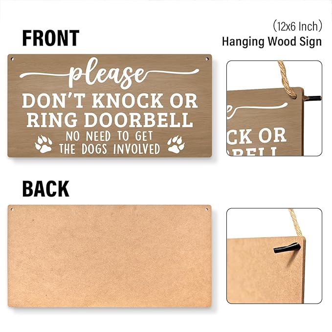 JXREQ Don't Knock or Ring Doorbell Sign for Front Door Dog Warning Sign for Gate Fence Yard Home Decor, Beware of Dog Sign Wall Pediments, Dogs Signs Gifts, 12x8 Inch, (Light Brown)