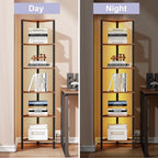 TUTOTAK Corner Shelf with LED Light, 6-Tier Corner Bookshelf for Small Space, Narrow Display Corner Shelf Stand with Storage Rack, for Living Room, Bedroom, Rustic Brown BS05BB006L