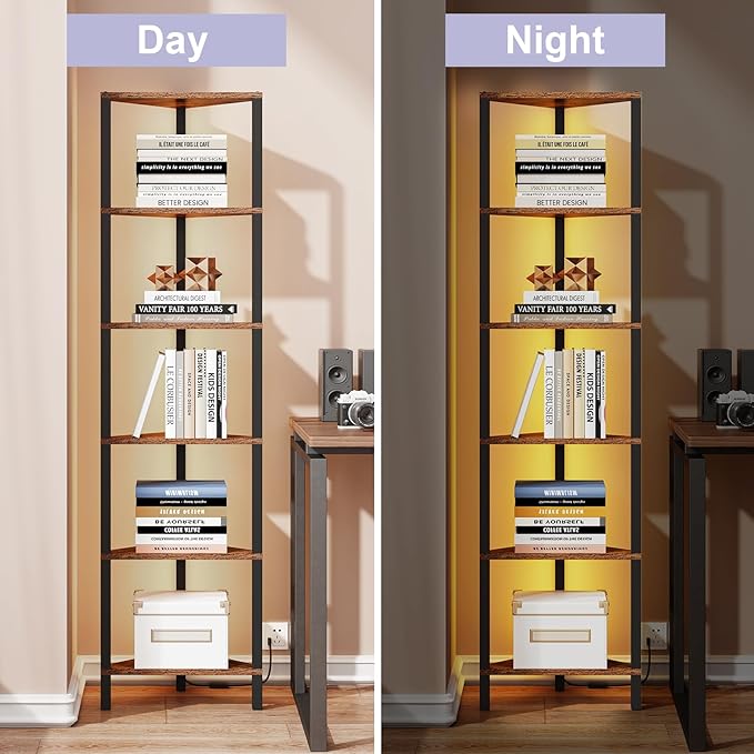 TUTOTAK Corner Shelf with LED Light, 6-Tier Corner Bookshelf for Small Space, Narrow Display Corner Shelf Stand with Storage Rack, for Living Room, Bedroom, Rustic Brown BS05BB006L