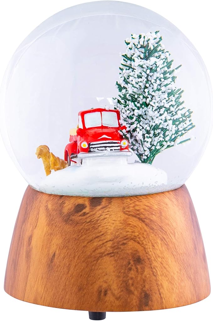 Red Truck With Dogs Cherry Woodgrain 6 x 4 Resin and Metal Holiday Musical Snow Globe