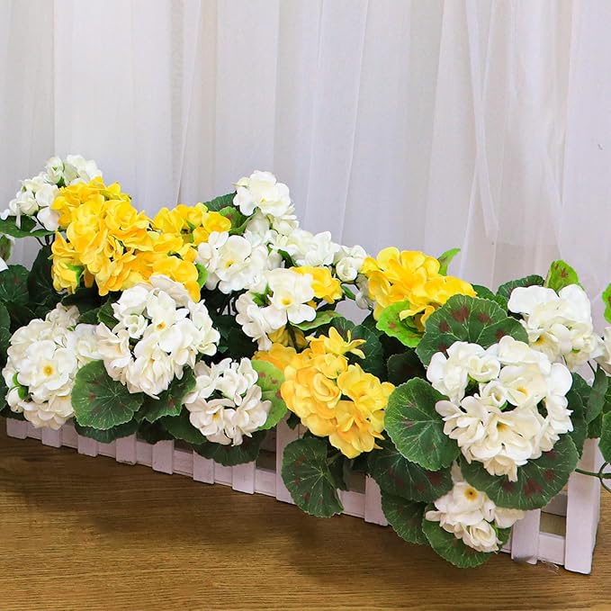 Artificial Geraniums Flowers for Outdoors Spring Decor, 4 Bundles UV Resistant Fake Geraniums Flowers Silk Faux Plants for Home Planter Gardens Table Patio Porch Indoor Cemetery Summer Decor(White)