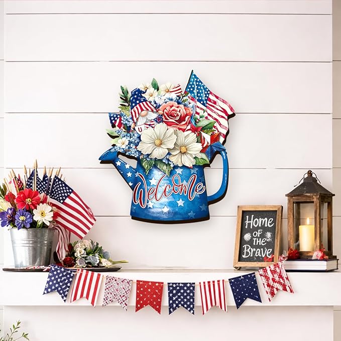 Wooden 4th of July Decorations Patriotic Wreath Independence Day Decorations Front Door with Star Sign Welcome Memorial Day Hanging for Home Wall Decor Outdoor Indoor Red White and Blue Wreath 3