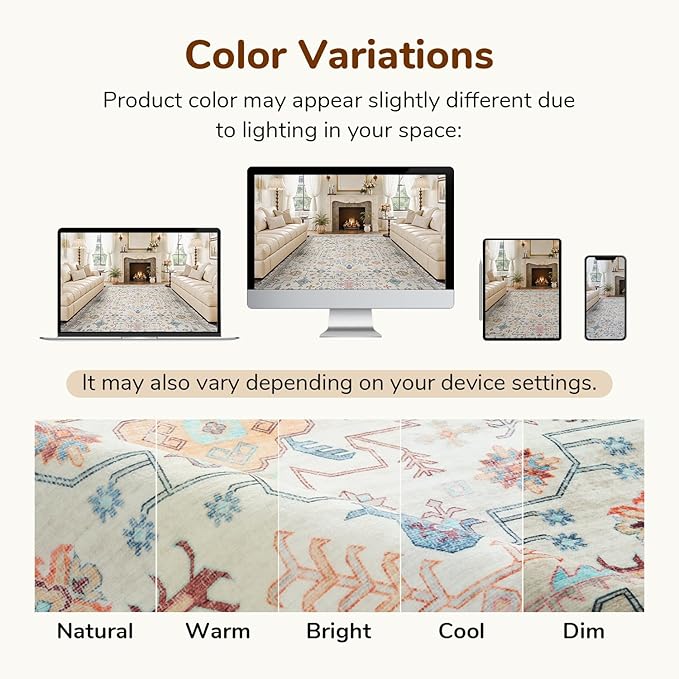 Lessymo Area Rugs 8x10 for Living Room, Soft Non-Slip Washable Rug for Bedroom Dining Home Office Nursery Room, Vintage Floral Large Carpet, Boho Colorful Pastel Farmhouse Decor, Multi/Ivory