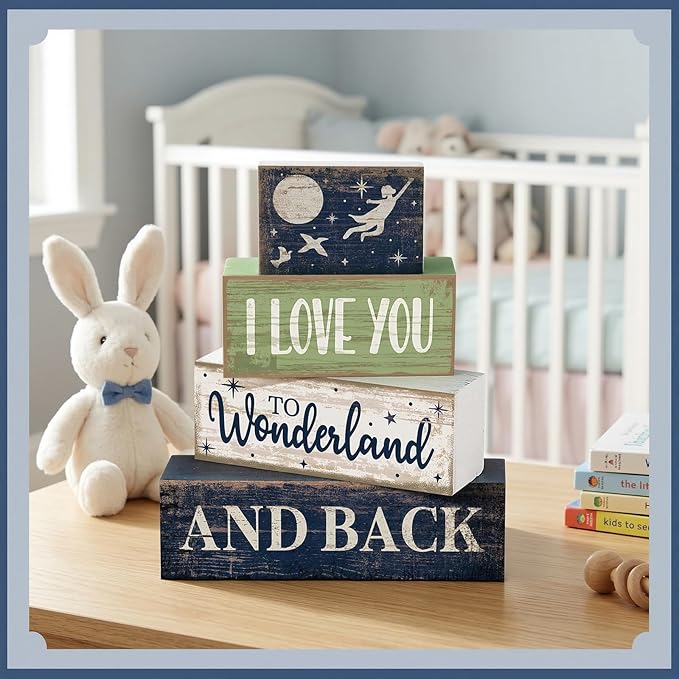 Lineshading 4 Pcs Fairy Tale Nursery Wooden Stacked Signs Decor - "i Love You to Wonderland and Back" Wooden Signs, Rustic Tabletop Decor for Newborn Baby Bedroom Playroom Baby Shower Gifts