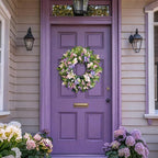 24 Inch Spring Summer Wreaths for Front Door, Purple Pink Hydrangea Wreath with Wildflowers Purple Forsythia, Artificial Silk Floral Wreath Farmhouse Rustic Decor for Outdoor Wall Window Home
