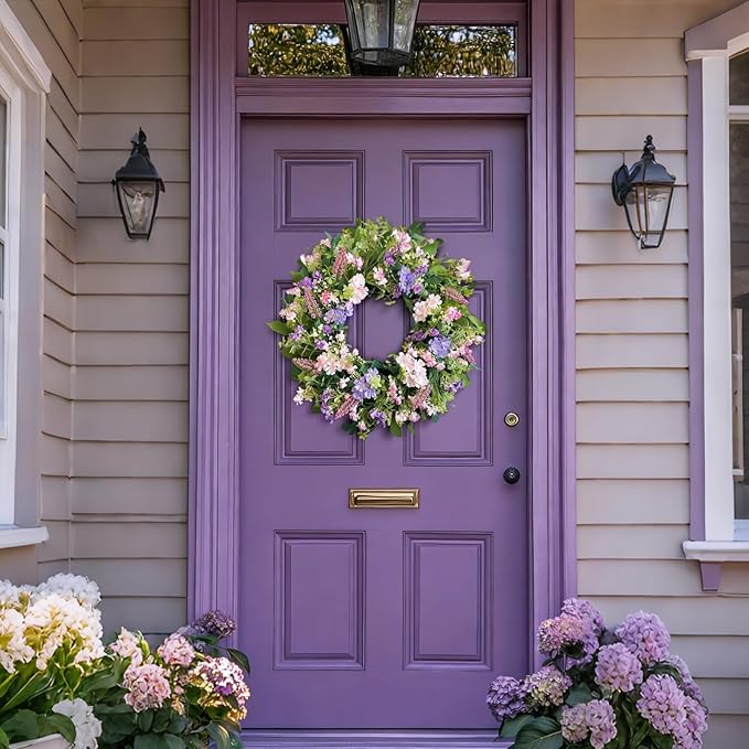 24 Inch Spring Summer Wreaths for Front Door, Purple Pink Hydrangea Wreath with Wildflowers Purple Forsythia, Artificial Silk Floral Wreath Farmhouse Rustic Decor for Outdoor Wall Window Home
