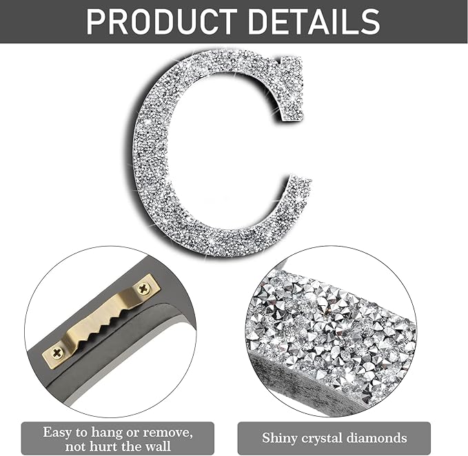 Qunclay 5.7" Silver Crystal Diamond Bling Letters Crushed Diamond Decoration Wooden Glitter Letter with Screw and Hooks Rhinestone Gift for Wedding Y2k Mcbling Bedroom Wall Decor (Letter C)