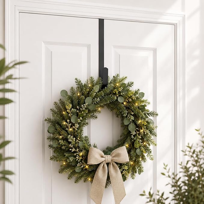 Sattiyrch 15" Wreath Hanger for Front Door,Sturdy Steel Wreath Door Hanger,Over The Door Hanger Hook (Black,1)