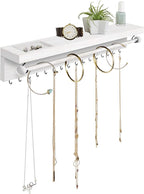 Rustic White Necklace Jewelry Organizer - Wall Mount Jewelry Holder - Mounted Hanging Jewelry Storage Hooks for Necklace, Earrings, and Rings - Farmhouse Wood Decor Bedroom Boho Shelf Rack
